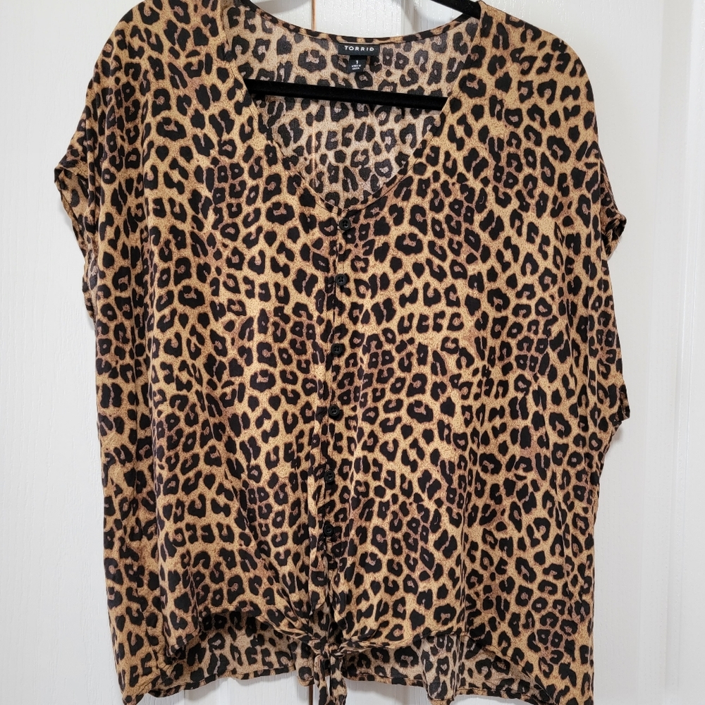 Torrid Leopard Challis Tie Front Midi Dolman Top